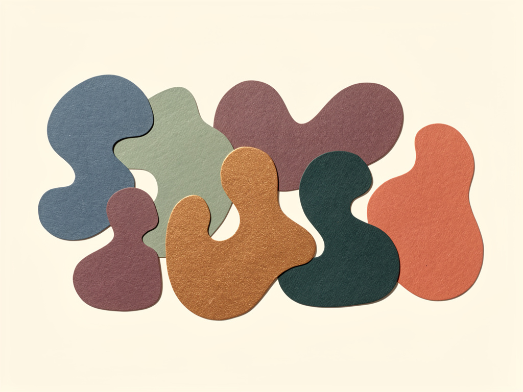 Together — abstract paper cutout art representing the Line of 1s family, six organic shapes in blue, green, plum, copper, teal, and coral