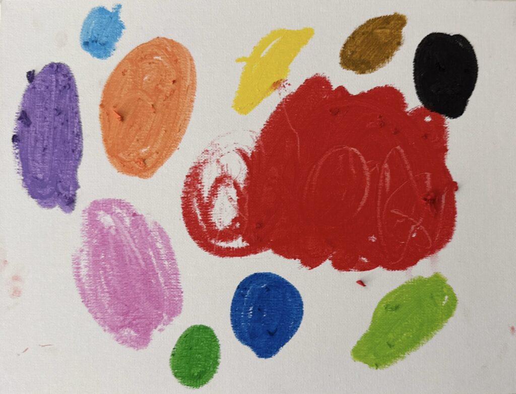 My Colors — acrylic painting with ten bold color forms on a white canvas, including red, purple, orange, pink, blue, green, yellow, brown, and black